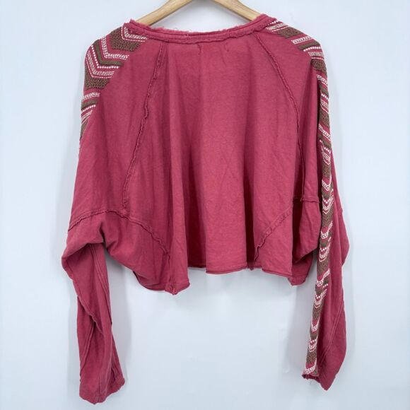 Free People Embroidered Long Sleeve Cropped Henley, Size Medium, Raw Hem Boho - Picture 3 of 11